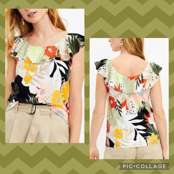 LOFT WOMEN TROPICAL RUFFLE TANK TOP MEDIUM 100% COTTON - Picture 1 of 13